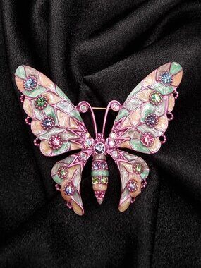 Vintage Joan Rivers Brooch – Pink Green Enamel Butterfly Pin